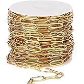16.5FT 18K Gold Plated Paperclip Chains Roll, 4.3mm Gold Stainless Steel Textured Paperclip Link Chains Spool Bulk for Jewelry Making