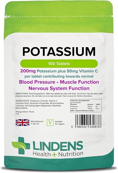 Lindens Potassium 200mg Tablets with 50mg Vitamin C 100 Vegan UK Made