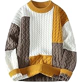 GURUNVANI Mens Patchwork Sweater Colorblock Knit Jumper Vintage Cable Knitted Pullover Sweater
