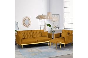 ACMEASE 2 Pieces Velvet Sofa Set with Adjustable Armrest and Backrest, 70” Convertible Futon Sofa Bed & Mordern Accent Chair with Ottoman for Living Room, Bedroom, Ginger