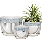 Ton Sin Grey Flower Pots,Texture Planter for Indoor Plants Set of 3 Ceramic Flower Pots with Saucer,Cute Garden Pots Succulen