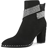 Zamikoo Chunky Heel Ankle Boots for Women Round Toe Beaded Heel Short Booties Fall Heel Boots with Sparkly Rhinestone Strap Side Zipper 3 Inches