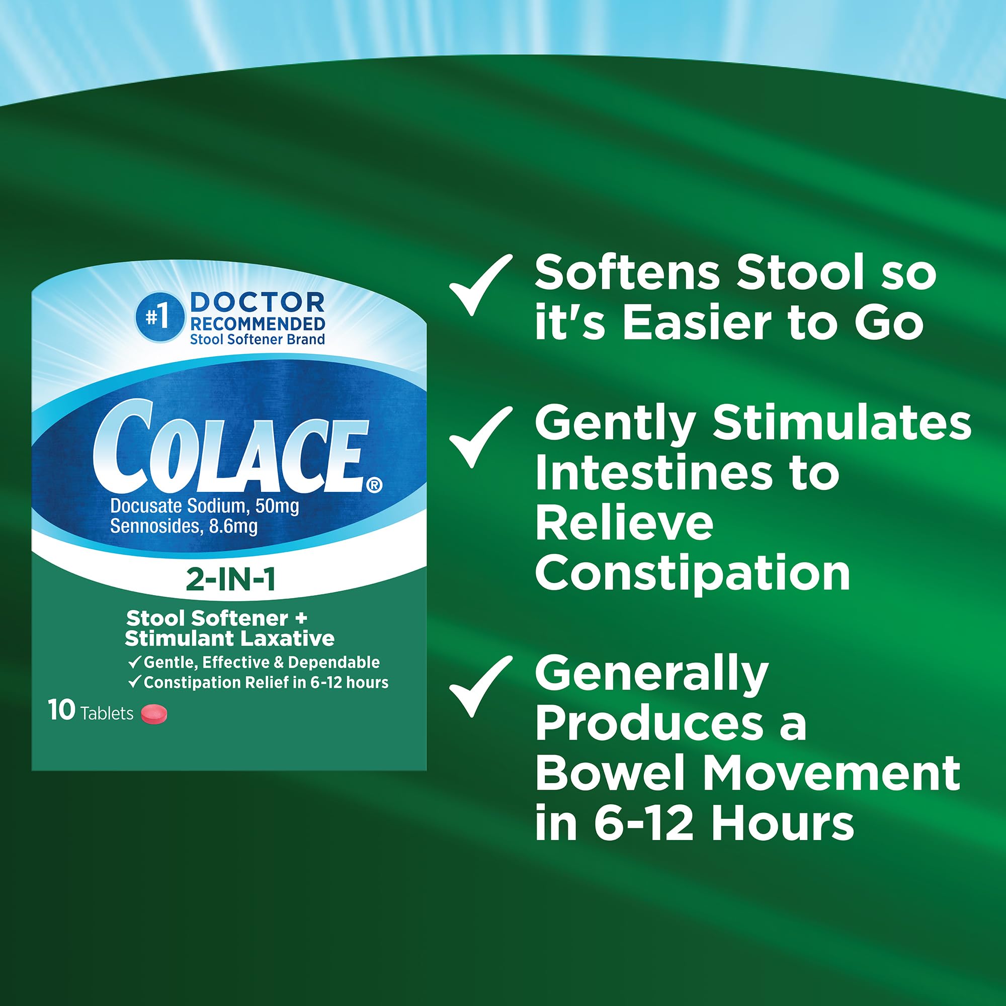 Colace 2IN1 Stool Softener & Stimulant Laxative Tablets, 10 Count