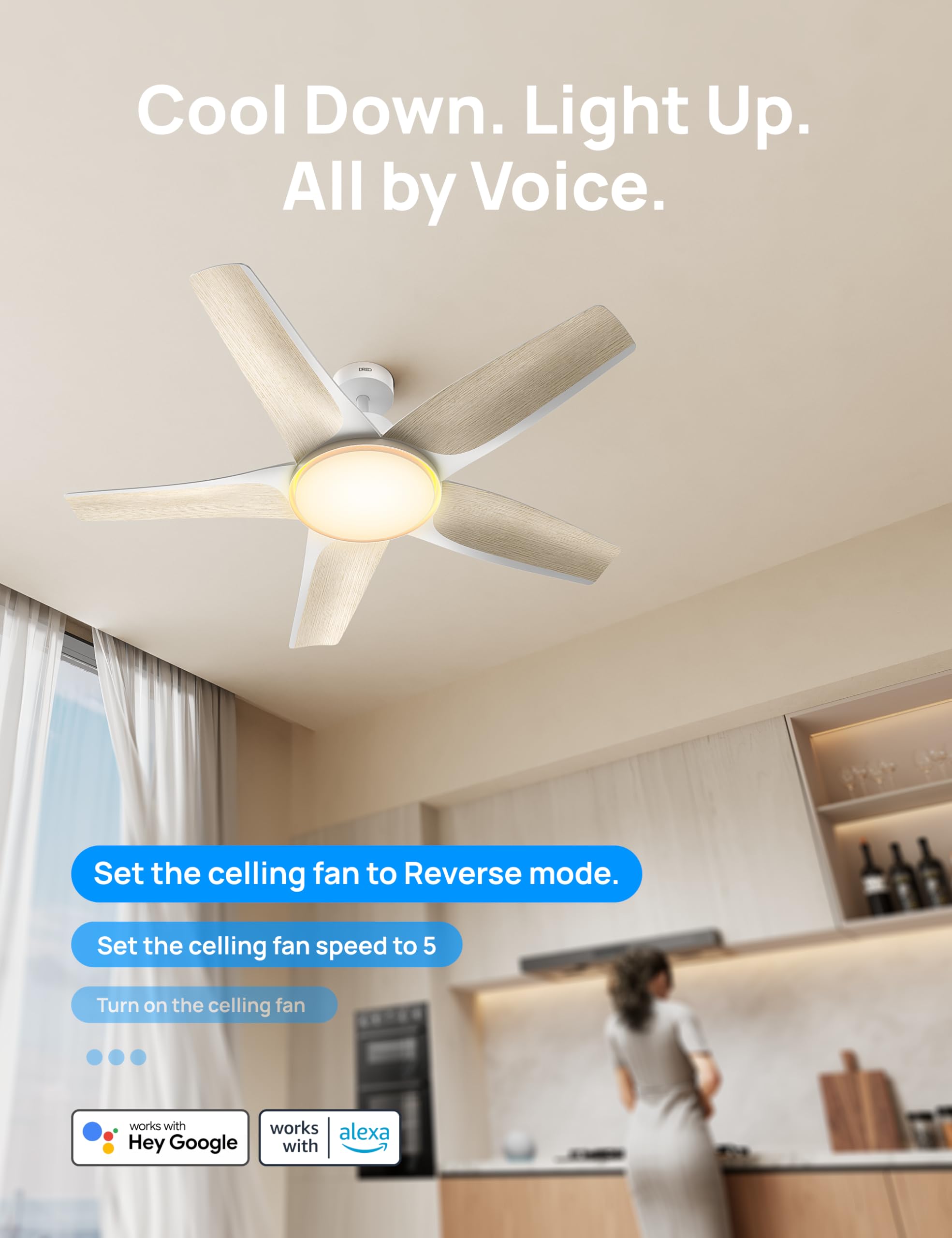 Dreo Smart Ceiling Fans with Lights, Low profile Ceiling Fan with Alexa/App, 52'' Dimmable Lighting & Color Tuning, RGB Ambient Light for Living Room, Game Room, Easy Installation, Quiet, White