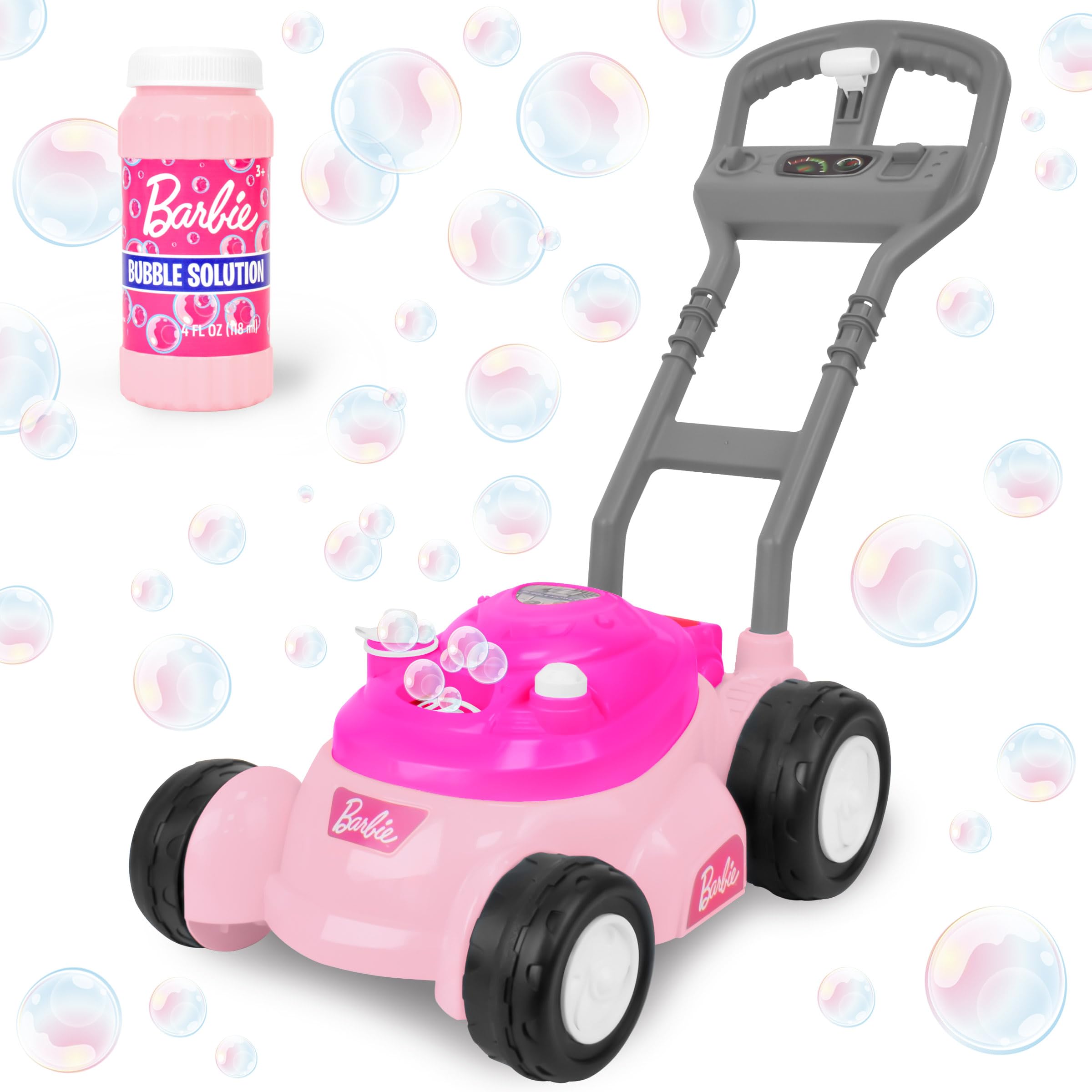 Barbie Bubble Lawn Mower for Toddlers, Bubble Blowing Machines, Indoor and Outdoor Gardening Toy, Birthday, Party Favor for Preschool Girls, No Batteries Required, Includes Bubble Solution, 2+