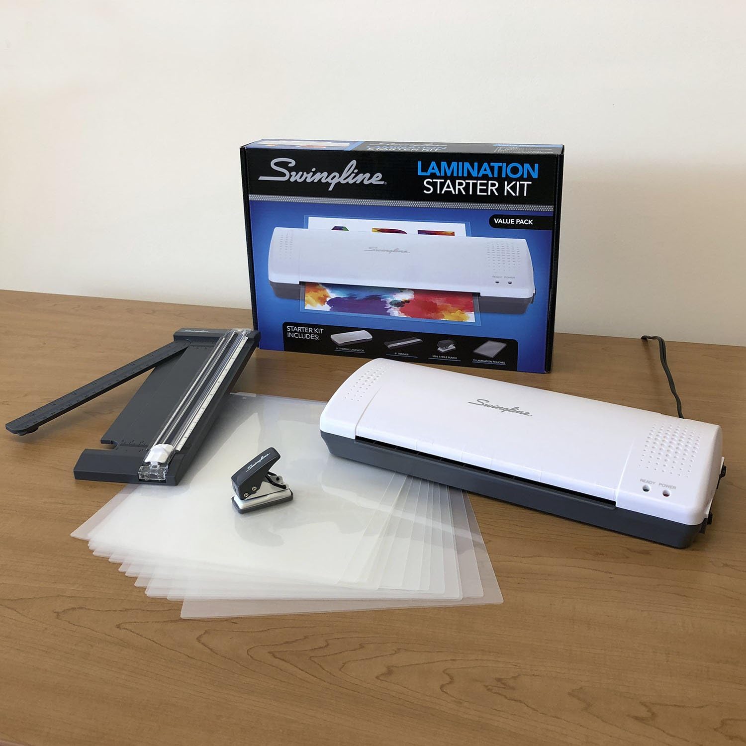 Swingline Lamination Starter Kit, Inspire Laminator, Pouches, Trimmer, Mini Hole Punch Included (1701869ECR), Gray : Office Products
