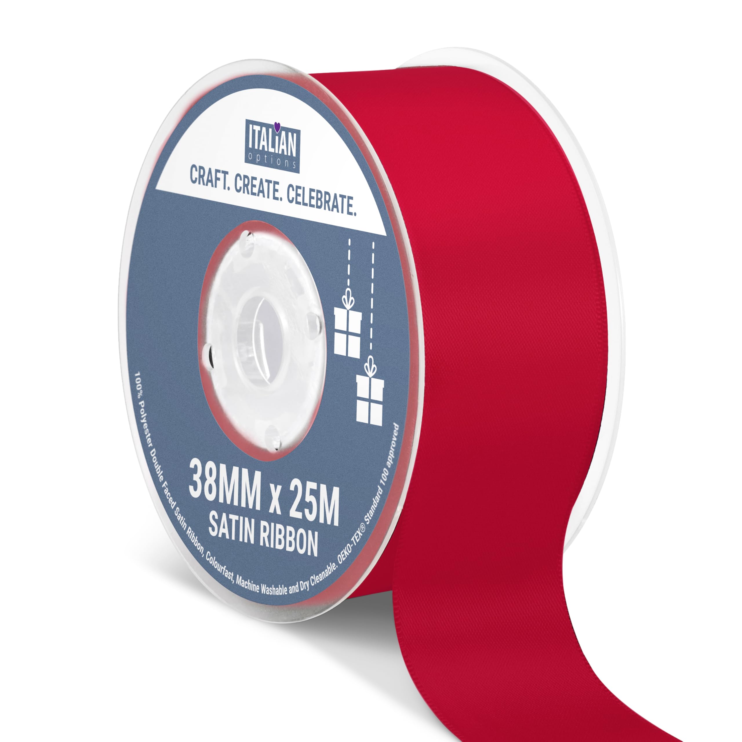 Italian Options Satin Ribbon, Fabric Ribbons for Gift Wrapping, Crafting, Balloons, Wedding Car, Presents, Cake, Christmas, Birthday, Gift Wrap Accessories, 38mm Wide x 25 Metre Roll, Ruby