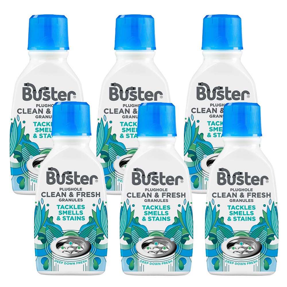 Buster Plughole Clean & Fresh Granules (Eucalyptus - Pack of 6 x 300g) Fast-Acting Dishwasher & Washing Machine Cleaner & Sink and Drain Cleaner for Bad Smells and Stains, Fresh Scent - Made in UK