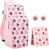 RHOTALL Pink Strawberry Travel Bag for Nintendo Switch/Lite/OLED/2,Large Capacity Portable Carrying Case Compatible for Chest Shoulder Accessories Storage Backpack with 12 Slots Game Case,Thumb Caps