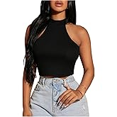 Floerns Women's Casual Sleeveless Tank Top Halter Neck Rib Knit Slim Fit Crop Tops