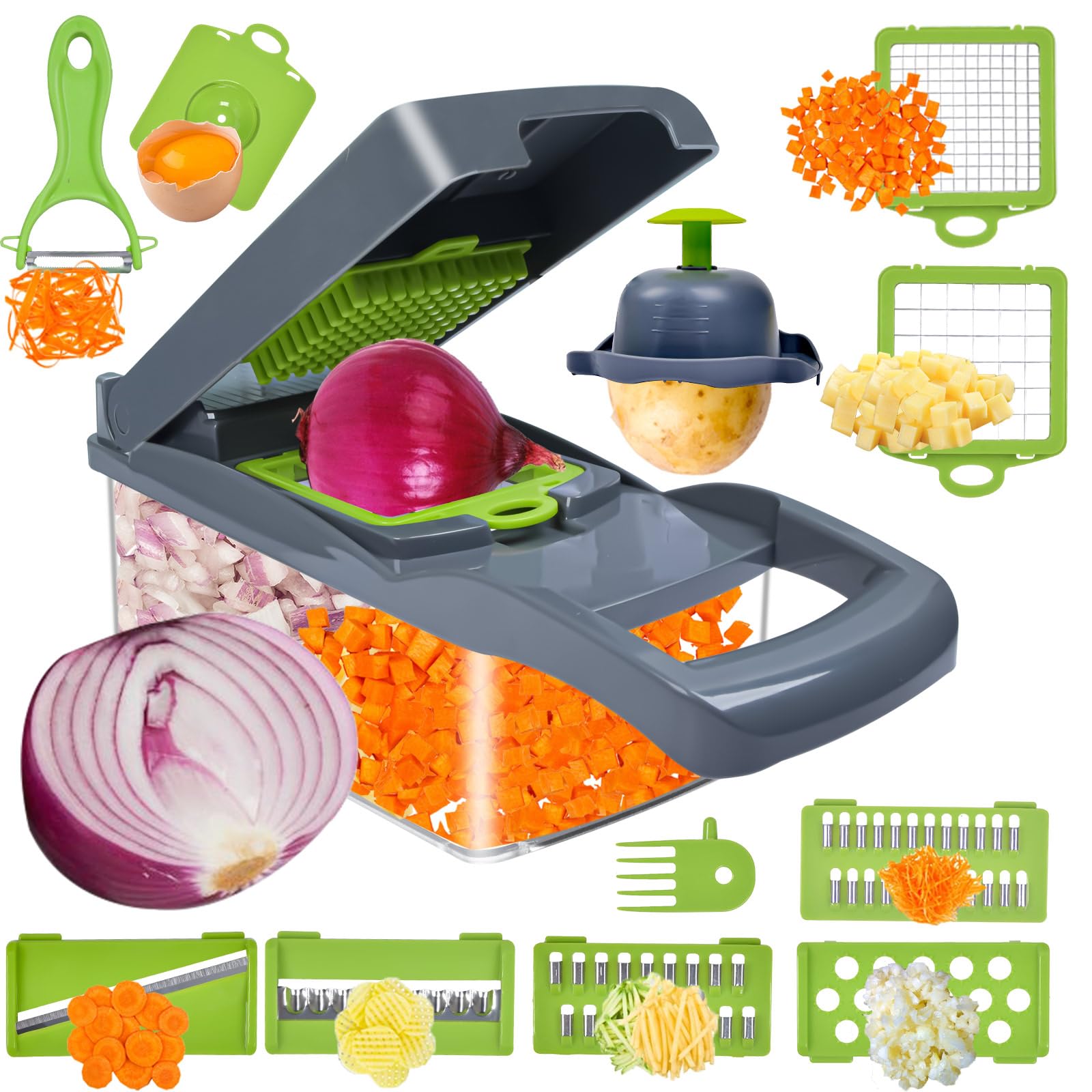 Vegetable Chopper with Container, 14-in-1 Multifunctional Food Slicer & Spiralizer | 8 Stainless Steel Blades, Dishwasher-Safe for Onion, Garlic, Carrots, Zucchini (BPA-Free, Non-Slip Base)