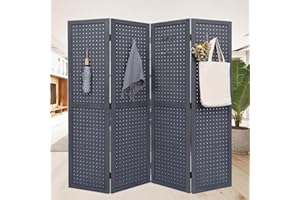JVVMNJLK 4-Panel Pegboard Display, Room Divider Wood Folding Privacy Screen Freestanding Display Board Organizer for Retail, Craft Show, Art Display，Grey