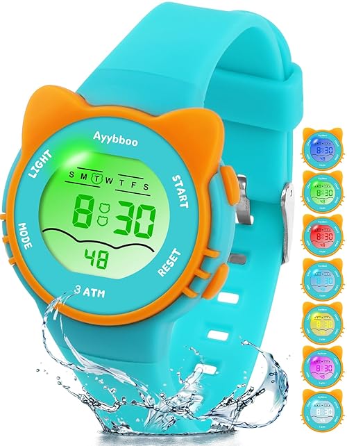 Ayybboo Kids Watch,Toddler Digital Watch with 7 Color Lights & Kitten Design,Waterproof Children's Watches for Girls/Boys 4-12 Years Old (Green)