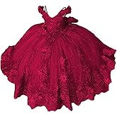 PAEGXN Lace Applique Flower Girl Dress 3D Flower First Communion Dresses for Girls Beaded Girls Pageant Dress with Long Bow