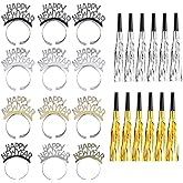 New Years Eve Party Supplies 2026-24 Pieces Gold Black Sliver Happy New Year Headband Metallic Fringed Noise Makers for Adults New Years Party Supplies
