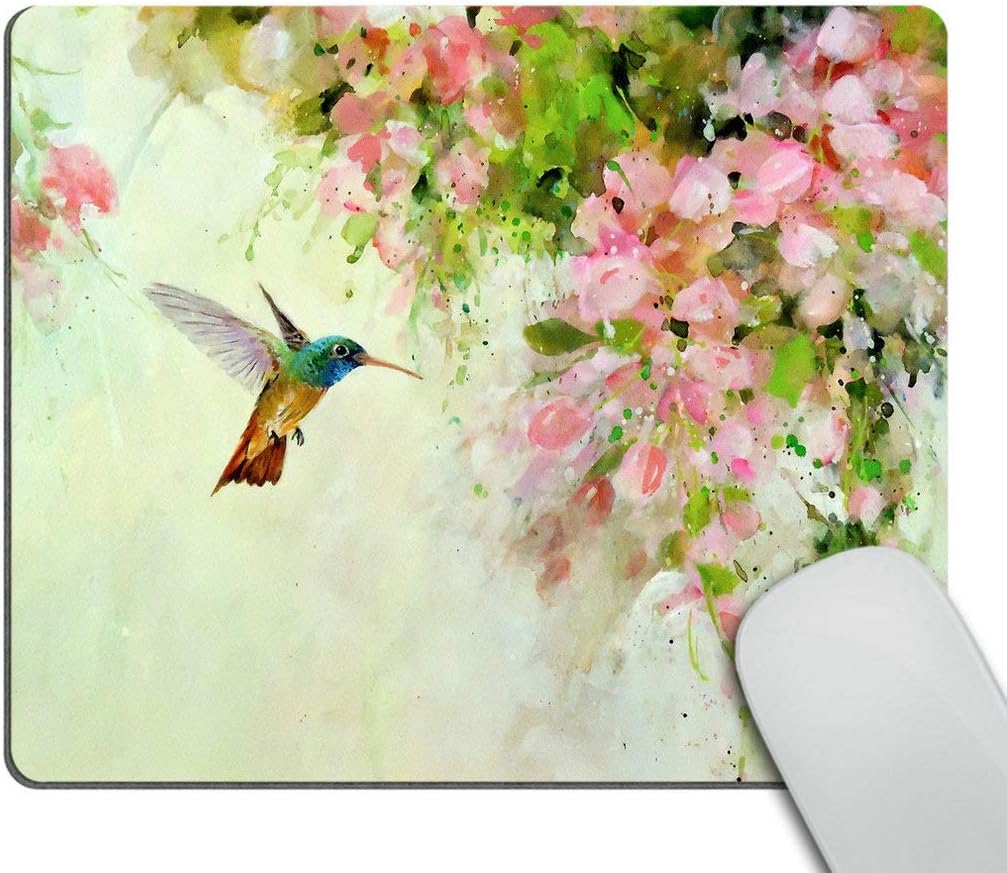 Wasach Gaming Mouse Pad Custom Design Mat, Lovely Hummingbird and Pink Flowers Oil Painting Art,9.5 X 7.9 Inch (240mmX200mmX3mm)