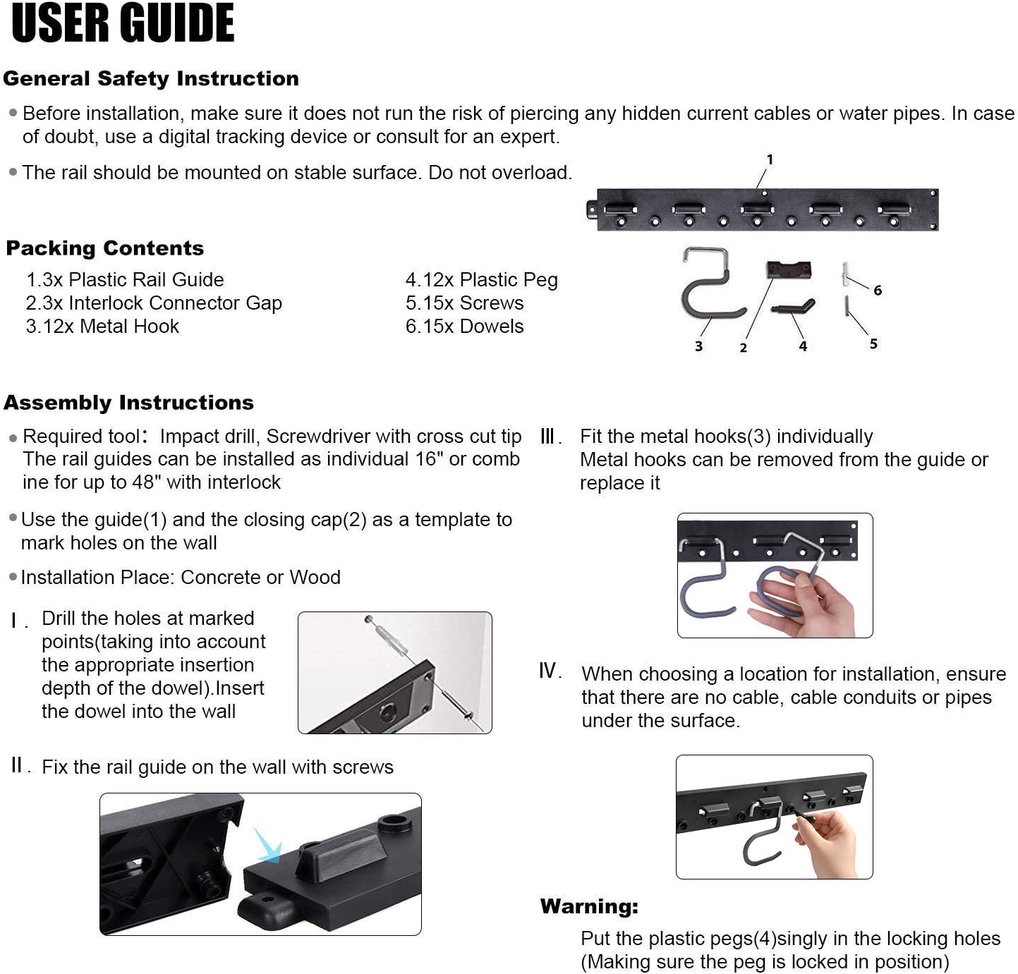NZACE Adjustable Storage System 48 Inch, Wall Holders for Tools, Wall Mount Tool Organizer, Garage Organizer, Garden Tool Organizer, Garage Storage, Heavy Duty Tools Hanger with 3 Rails 12 Hooks - - 