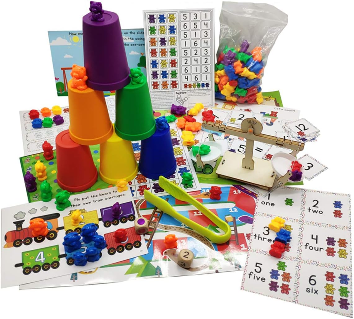 wenjuersty Perfect Counting Bears With Stacking Cups Set - Montessori Rainbow Matching Game