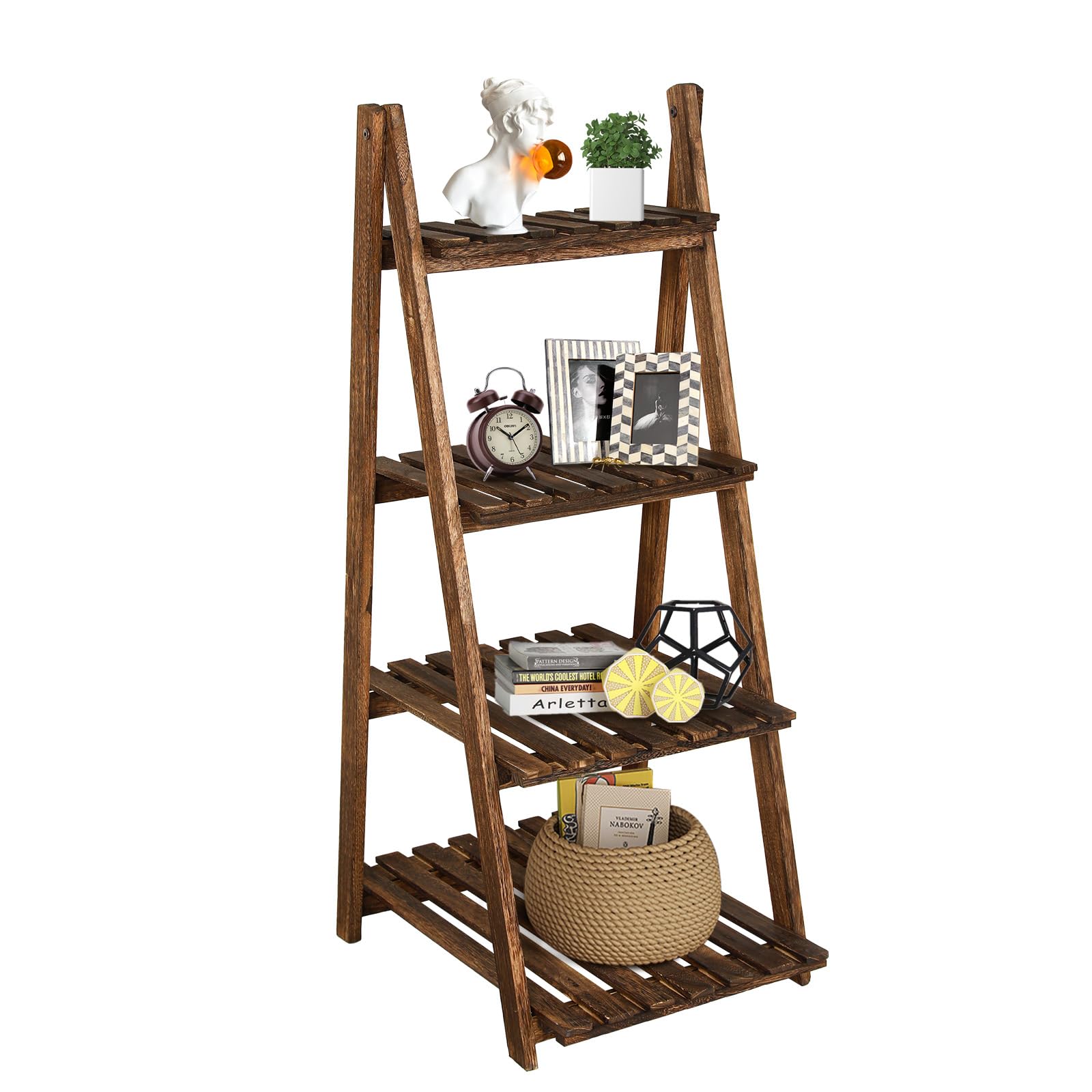 Photo 1 of 4-Tier Ladder Shelf, Wooden Plant Shelves, Ladder Bookshelf, Rustic Flower Display Rack, Wooden Display Shelves Plant Stand, Indoor Ladder Shelf for Living Room, Office, Bedroom (Brown)