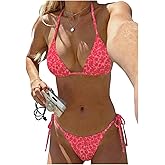 MakeMeChic Women's Floral Triangle Thong Bikini Sets Halter Gingham Swimsuit Bathing Suit