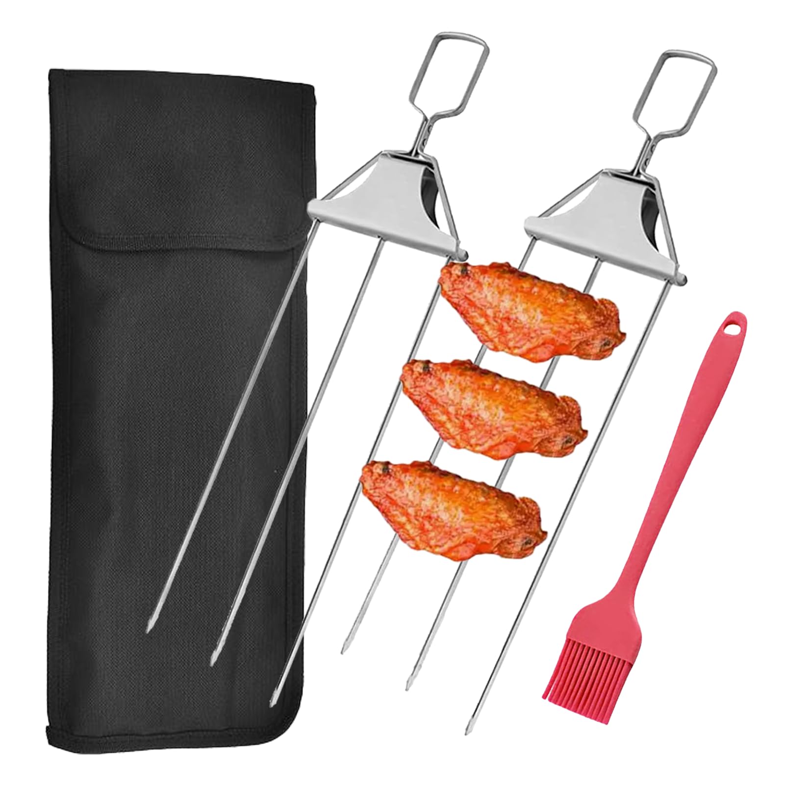 TYVOM 2 Pcs 3 Way Grill Skewers,3-Prong BBQ Skewer Stainless Steel 3-Prong Kabob Skewers with Brush and Storage Bag 3 Way Kabob Skewers for Outdoor Grill Easy to Use Push Bar Slider