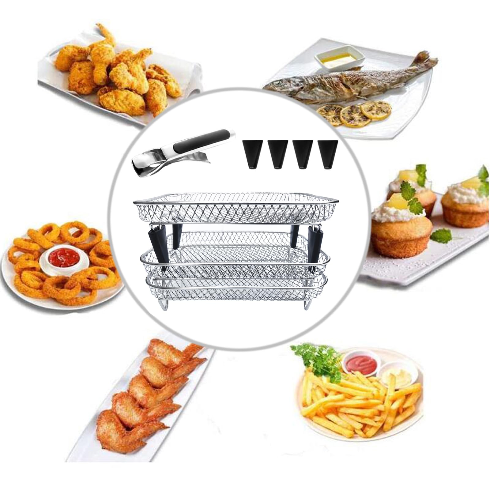 Upgrade Air Fryer Rack,Three Stackable Dehydrator Racks for Gowise Phillips USA Cozyna Ninja Airfryer,Stainless Steel Rectangle Air Fryer Rack,Ninja Dual Air Fryer Accessories (Rectangle)