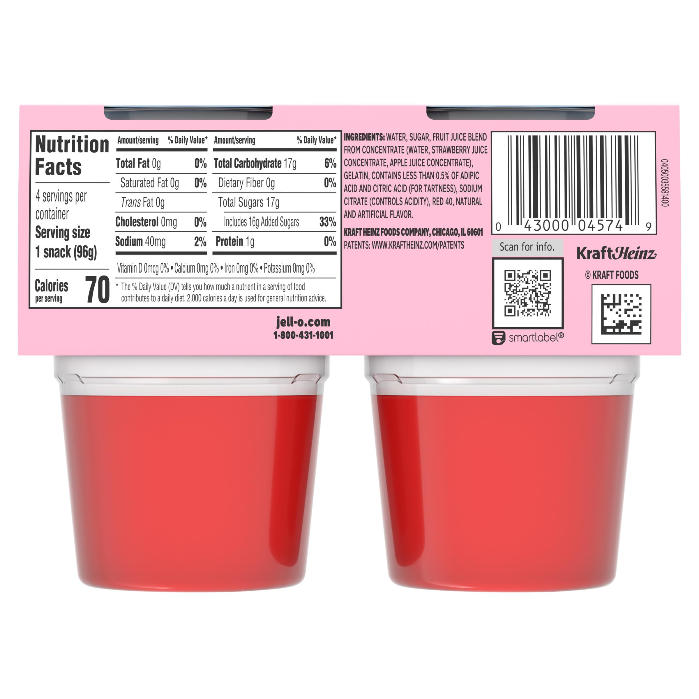 Jell-O Original Strawberry Artificially Flavored Ready-to-Eat Gelatin Snack Cups, 4 ct Cups