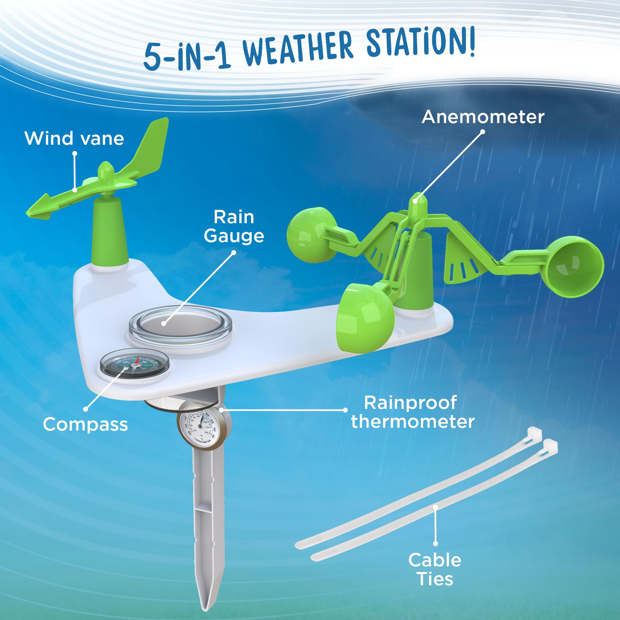 Thames & Kosmos Weather & Climate Lab STEM Experiment Kit, 5-in-1 Weather & Meteorology Station w/Wind Vane, Compass, Rain Gauge, Anemometer & Thermometer for Ages 6+, Includes Stake for Outdoor Use