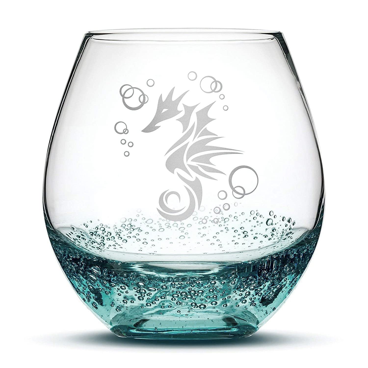 Photo 1 of Integrity Bottles Tribal Seahorse Design Stemless Wine Glass, Handmade, Handblown, Hand Etched Gifts, Sand Carved, 18oz (Bubble Teal)