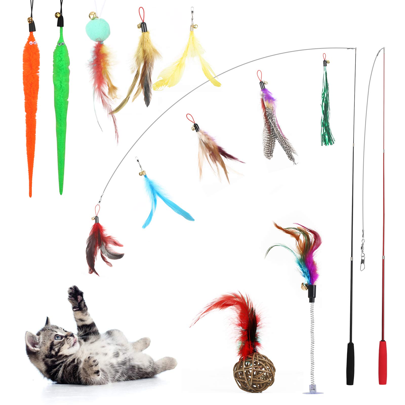 MEZOOM Interactive Cat Feather Toy, 15pcs Cat Catcher Toys Feather Teaser Cat Toy - 2pcs Retractable Wands & 13pcs Refill Cat Toys for Indoor Cats Kittens Exercising Training
