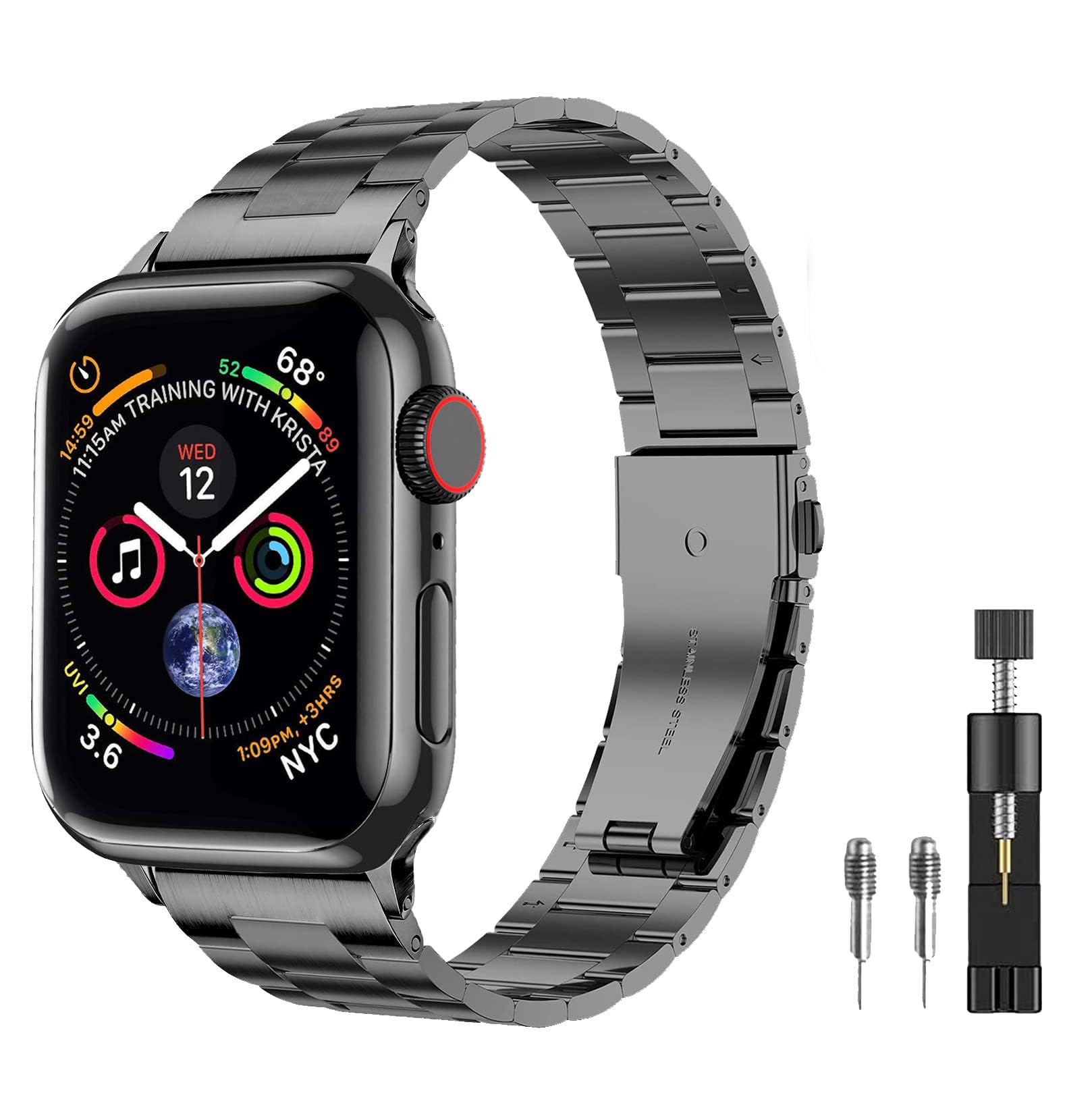 PUGO TOP Strap Compatible Apple Watch Ultra 49mm SE Series 8/7/6/5/4/3/2/1, Stainless Steel Band with Overall Protective Soft PC Case Cover for iWatch (49mm/45mm/44mm/42mm, Black)