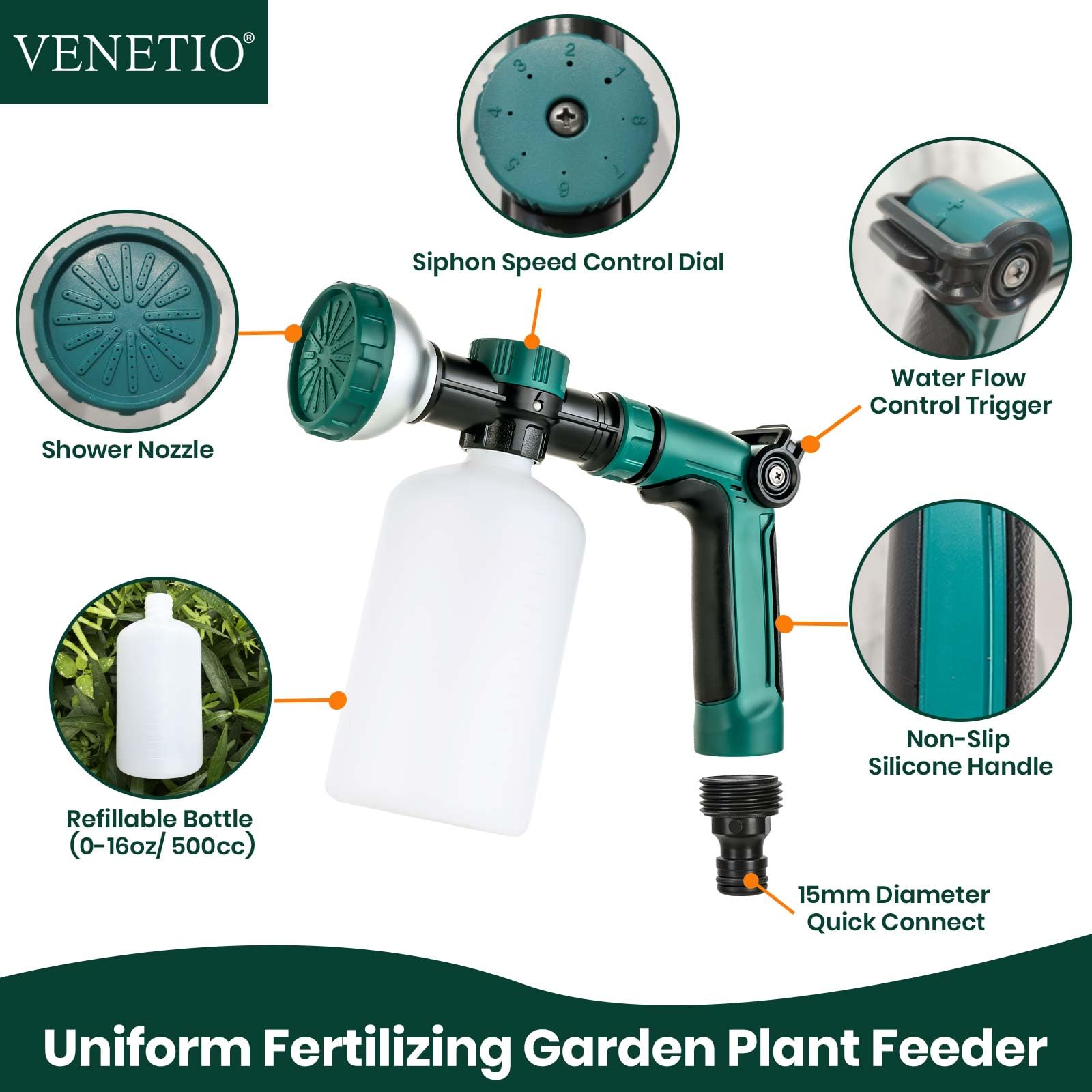 VENETIO 8-Dial Lawn and Garden Feeder Pro with Quick Connect Fittings for Uniform Fertilizing & Watering Plants | Precision Hose Nozzle Sprayer for Liquid Fertilizer, Car/Dog Wash Soap, 16oz Bottle