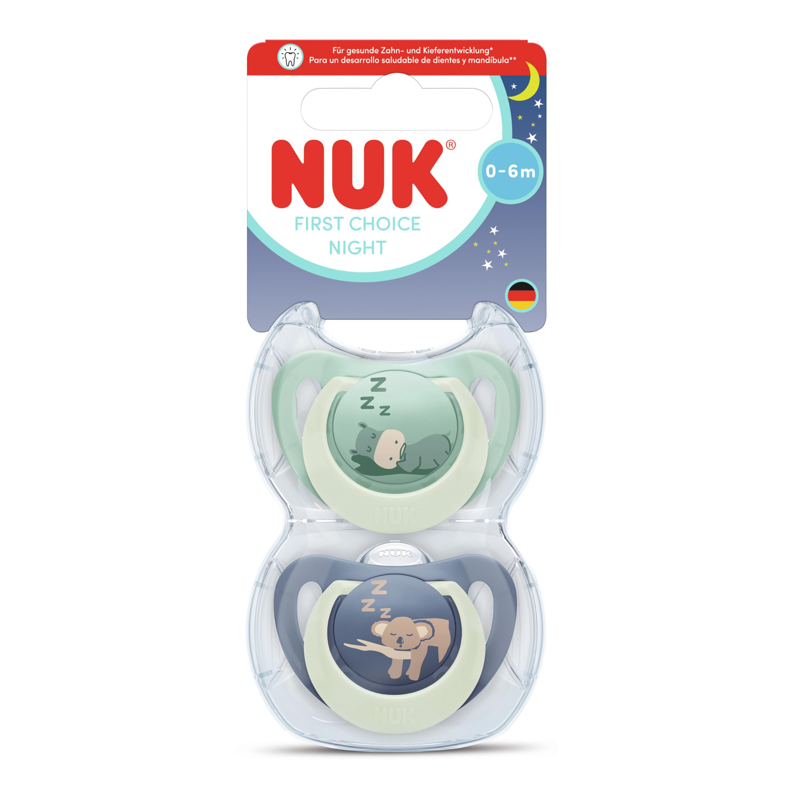 NUK Star Night & Day Baby Pacifier | 0-6 Months | Glow in The Dark Soothers | BPA-Free Silicone | Blue Koala | 2 Pieces