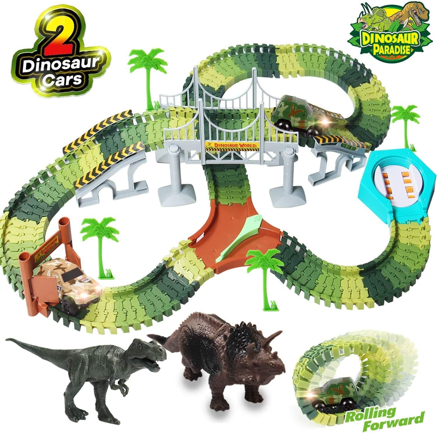 HOMOFY Dinosaur Toys 157pcs Slot Car Race Flexible Tracks 2 Dinosaurs,Create A Road Toys for 3 4 5 6 Year Old Boys Girls Toddlers Birthday Gifts