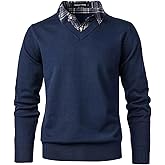 Herothorn Men's Knit Sweater Fashion Pullover Soft Touch V-Neck Sweatshirt Top with Plaid or White Mock Shirt Collar