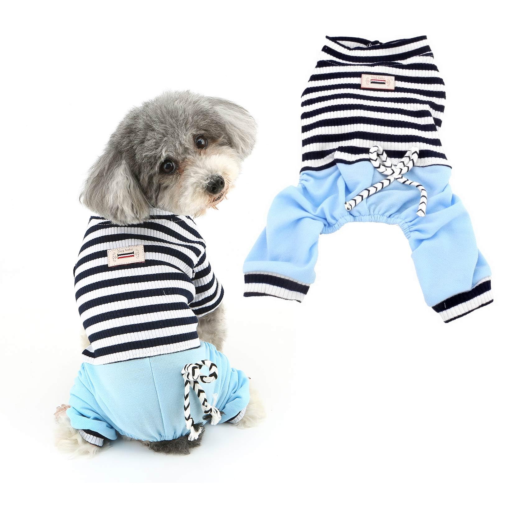 Ranphy Small Dog Stripe Jumpsuit Puppy Pajamas with Pant Comfy Cotton Pet Clothes Cat Apparel Pyjamas PJS Shirt Boys Winter Jammies Blue Size S