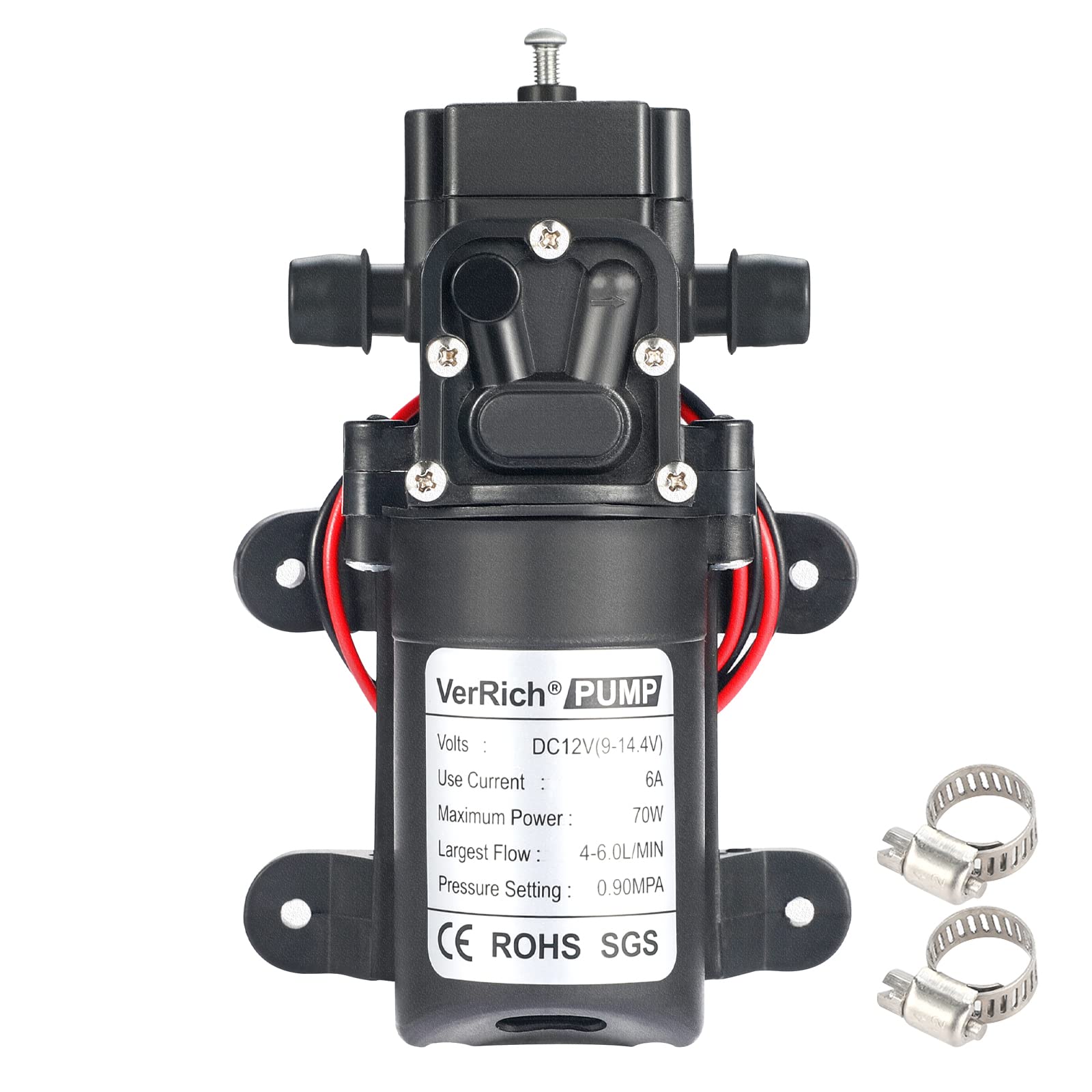 VerRich 12V Water Pumps Diaphragm Pump Without Pressure Switch 70W 4 L/Min 1GPM(Straigt Connector with 2 Adjustable Hose Clamp)