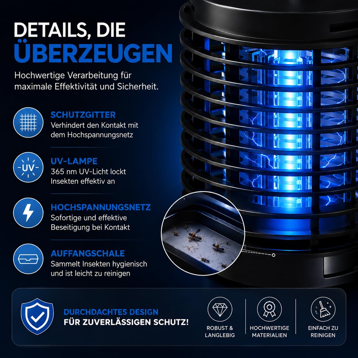Elektrischer Insektenvernichter mit UV-Lampe – effektive Mückenlampe zur Abwehr von Moskitos, Fliegen und weiteren Insekten – zuverlässige Mückenfalle Fliegenfalle/Mückenabwehr (Rund) 3