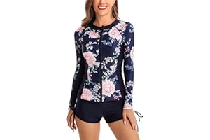 Women's Two Piece Rash Guard UPF 50+ UV Sun Protection Swimsuit Floral Printed Surfing Bathing Suit S-XXL