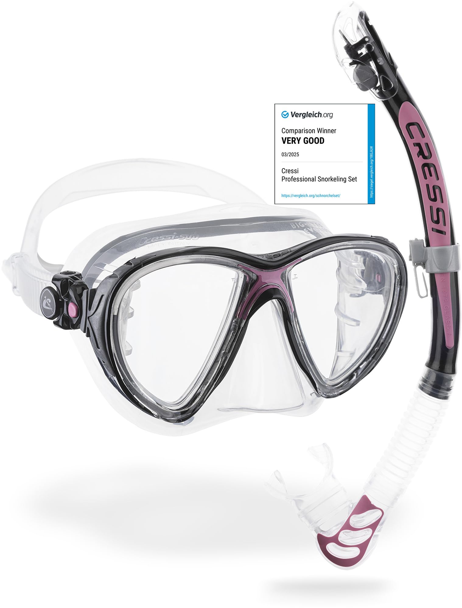 Cressi Big Eyes Evolution Mask & Alpha Ultra Dry Snorkel - Dive Combo Set, One Size, Transparent/Pink, Adult Unisex