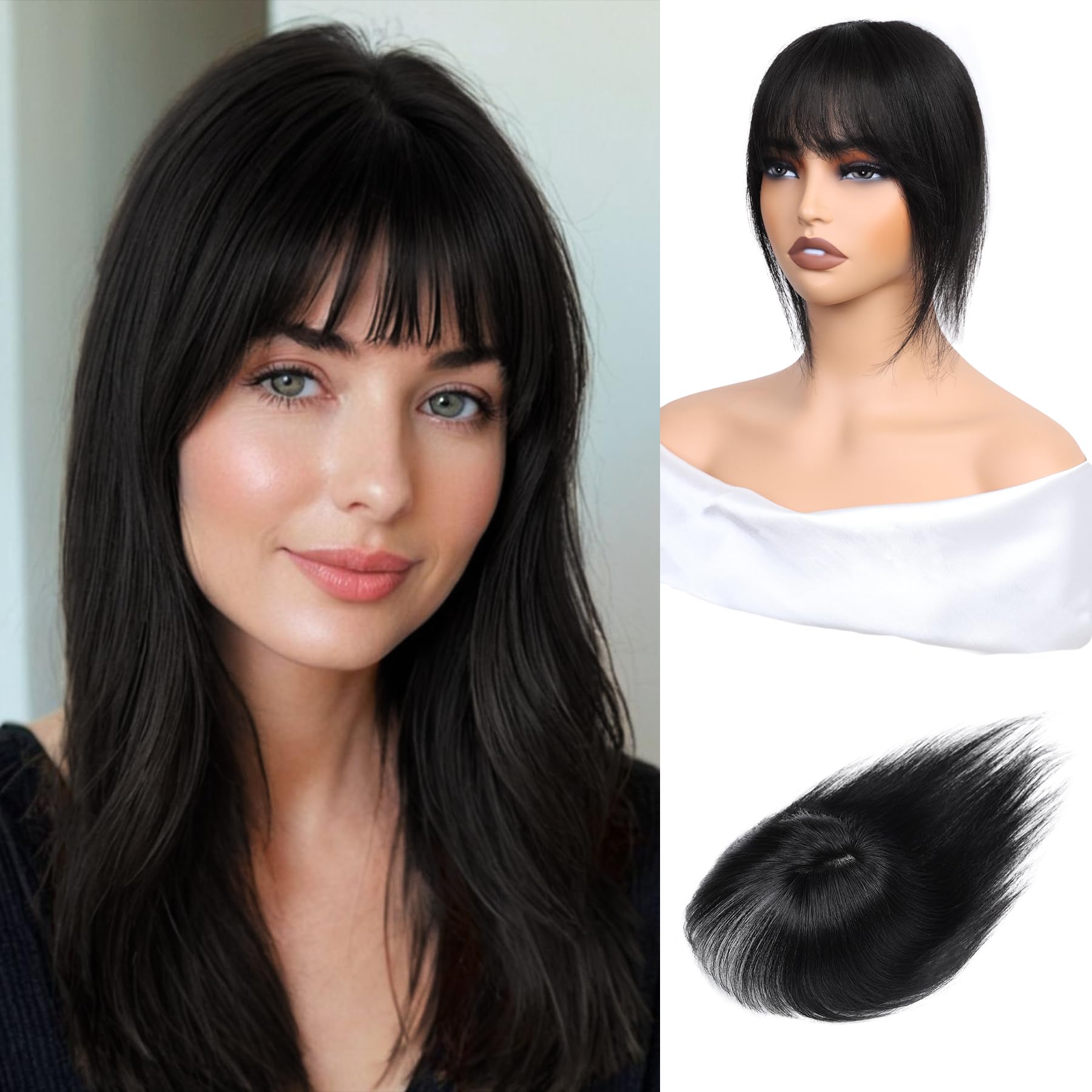 Photo 1 of Inifale Hair Toppers for Women Clip in Bangs Real Human Hair,30g Natural Black Topper for Women 150% Density Silk Base Clip in Pieces Straight Hair for Thin Hair Daily Use