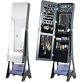 MASMIRE Standing Mirror Jewelry Cabinet,Full Length Mirror Jewelry Armoire Jewelry Organizer Lockable Jewelry Storage for Women Girl Frameless LED Lights 6 Drawers Black