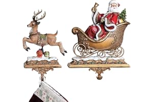 Joseph's Studio by Roman - Set of 2 Santa with a Reindeer Stocking Holder, 9.25" H, Resin and Stone, Christmas Decoration, Collection, Durable, Long Lasting