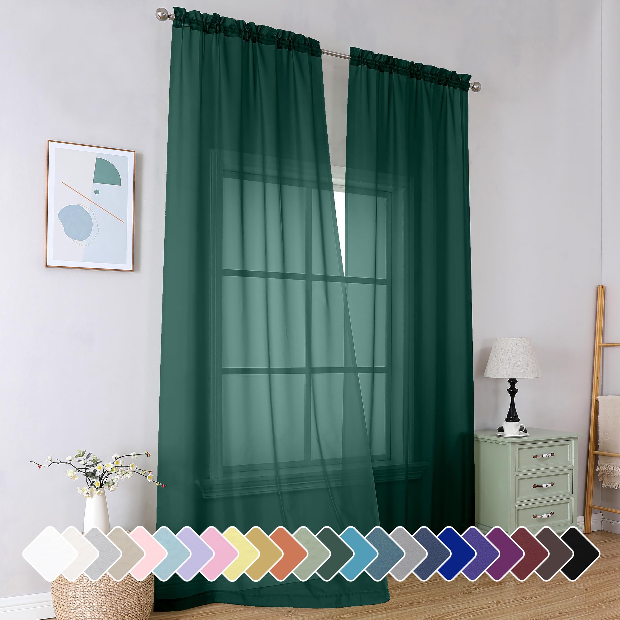 Photo 1 of Simplebrand Hunter Green Sheer Curtains 96 Inches Long 2 Panels, Light Filtering Rod Pocket Solid Color Window Sheer Curtain Panels, Elegant Curtains & Drapes for Living Room, Bedroom, 42" W x 96" L