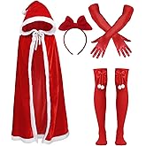 Christmas Santa Claus Robe Hooded Cloak, Red Velvet Santa Cape Set, Christmas Fur Princess Cape Women's Xmas Velvet Cloak, Christmas Solid Thigh Highs Socks Cheerleading Bow and Red Gloves for Women