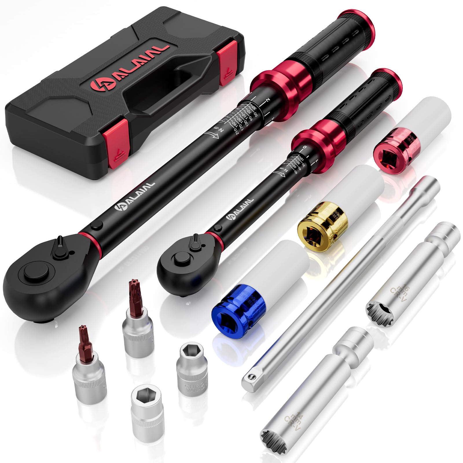 ALAIAL Torque Wrench 1/2 Inch and 3/8 Inch 20-220 Nm, 5-60 Nm Torque Wrench 12-Piece Set with Extension, Tyre Protection Sockets, Spark Plug Sleeve, Bits and Sockets for Bicycle, Motorcycle, Car