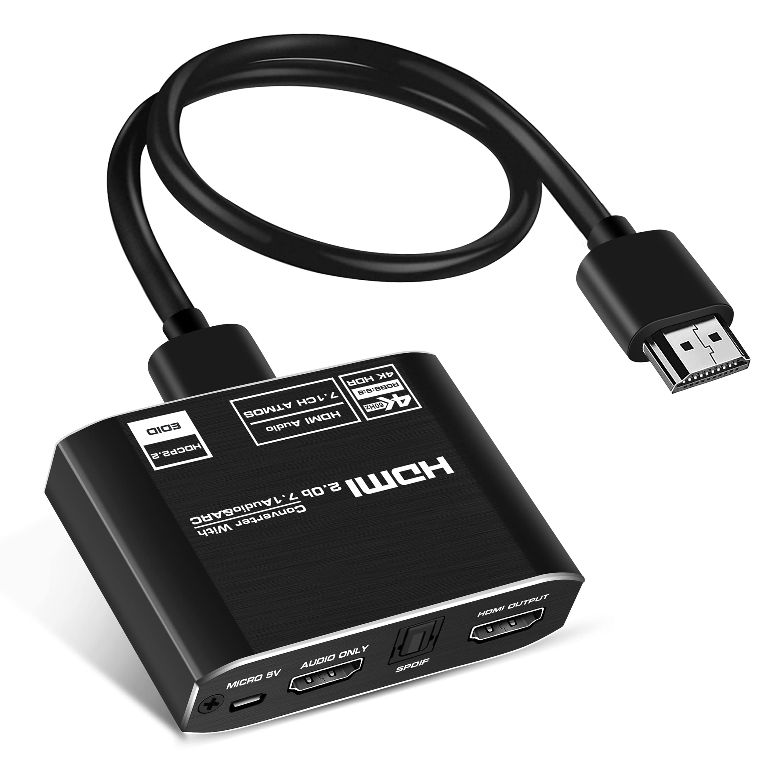 HDMI Audio Converter 4K@60Hz avedio links with 1.2M HDMI cable, Audio Extractor Converter Splitter HDMI 2.0b for PS5, Xbox, Fire Stick, with HDMI 7.1CH + Optical Toslink SPDIF + 3.5mm Audio Output