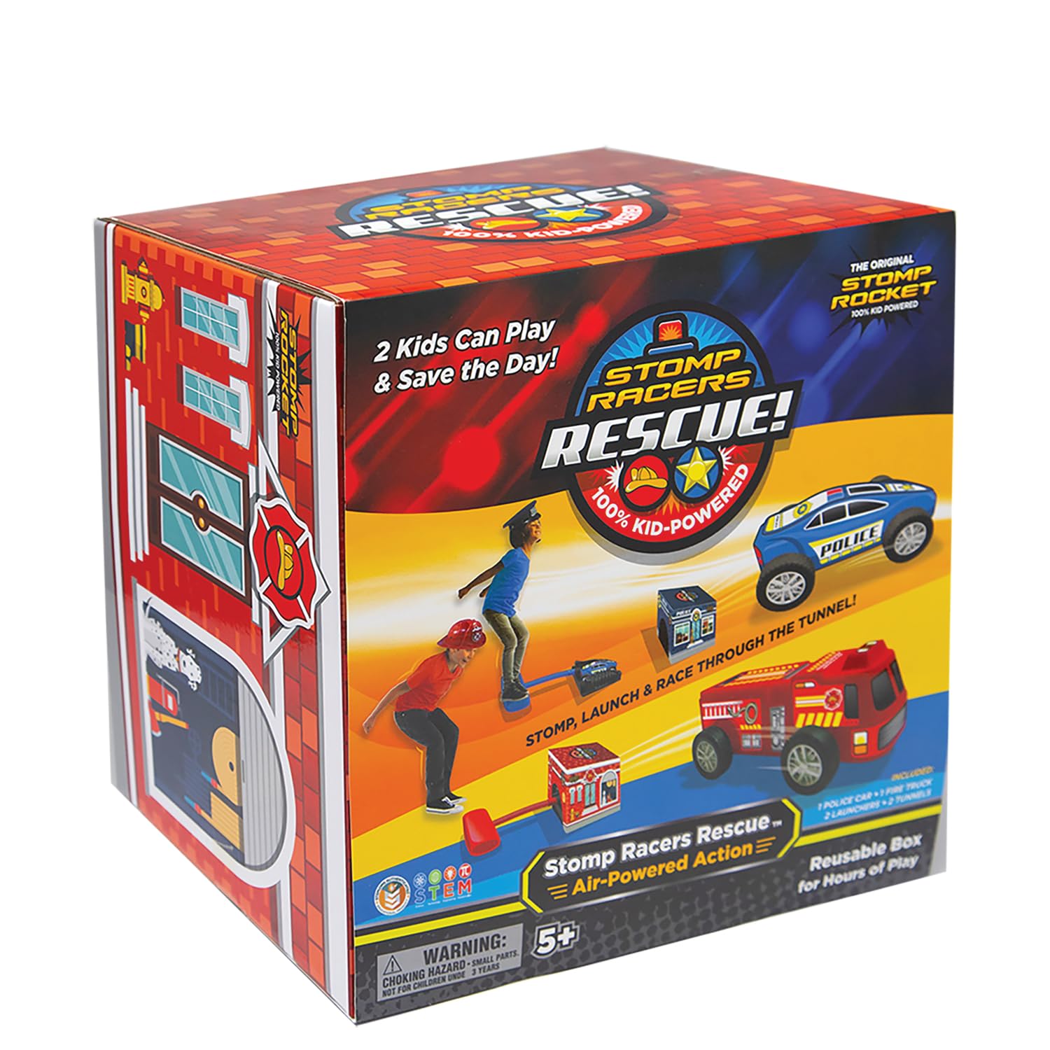 Stomp Rocket Original Stomp Rescue Racers - Dueling Race Cars for Kids - 1 Firetruck, 1 Police Car, 2 Launch Pads and 2 Tunnels - Fun Toy and Gift for Boys or Girls Age 5+ Years Old - STEM Toy