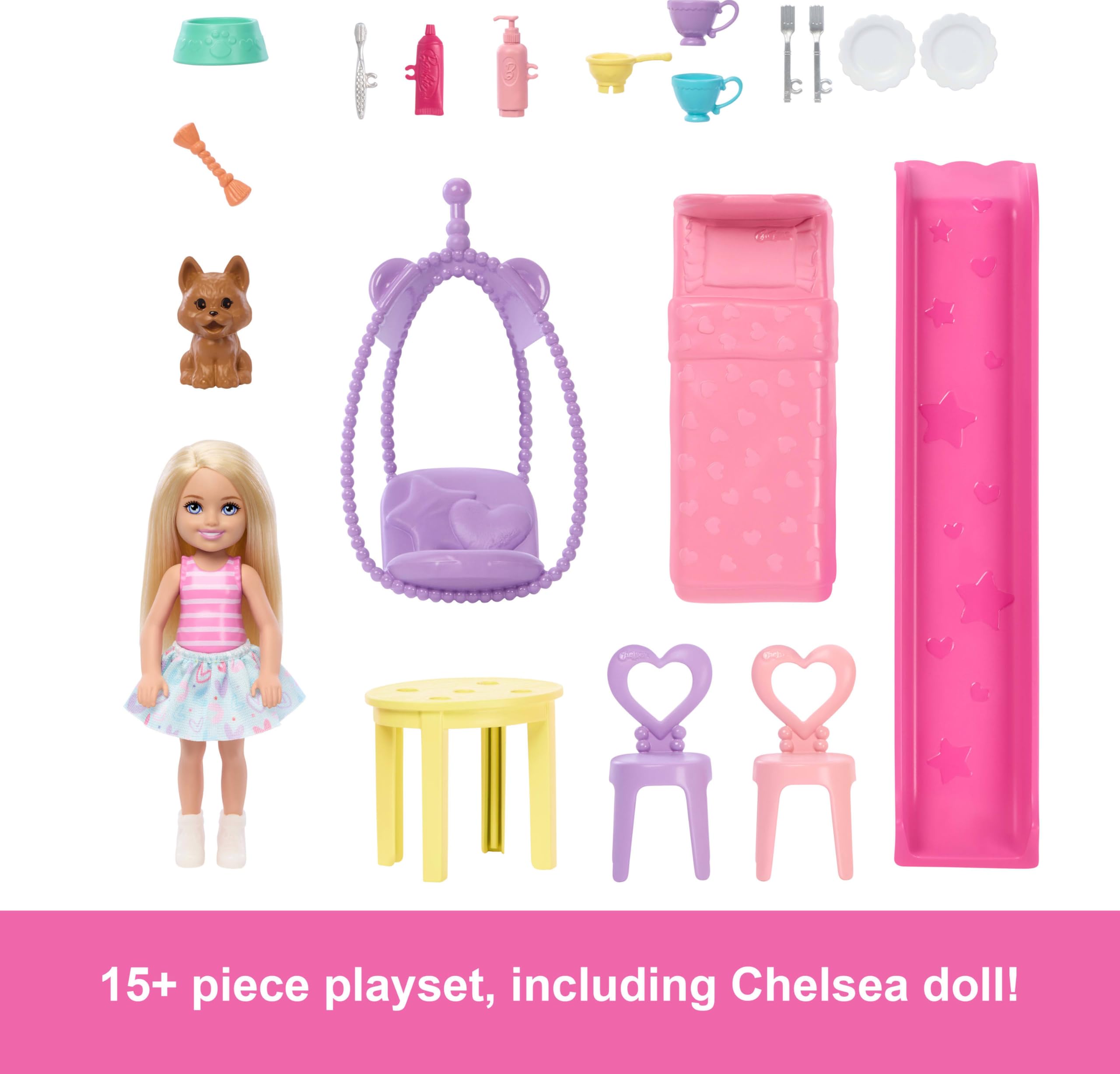 Barbie Chelsea Toy Dollhouse with 15+ Accessories, Pop-Up House Expands to 17+ x 13+ inches with 5 Play Areas & Slide, Includes Small Doll & Pet Dog