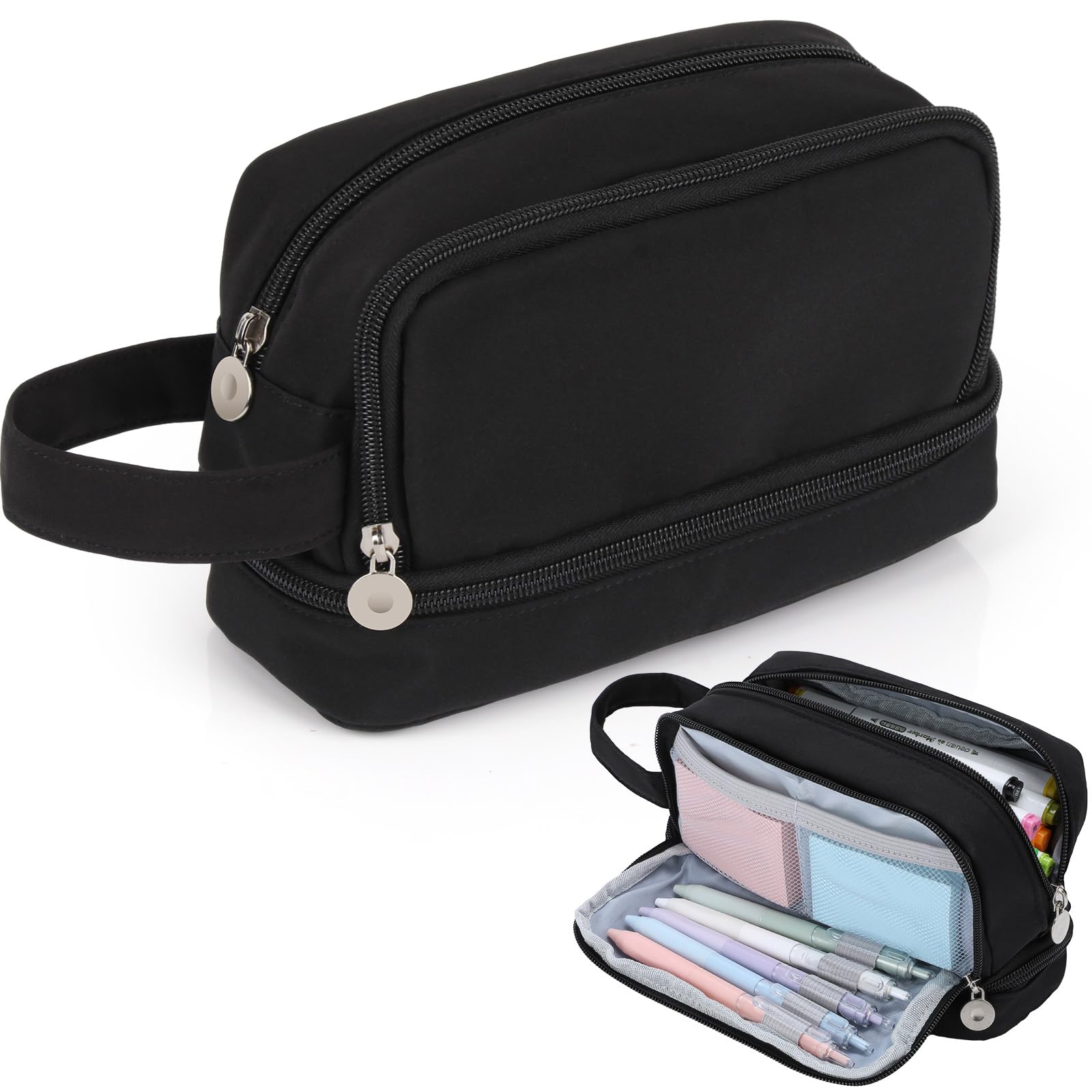 Alyvisun Large Pencil Case, Black Pencil Case with 3 Compartments for Boys Girls, Portable Stationary Organizer Bag Pencil Pouch with Handle for School or Office Supplies